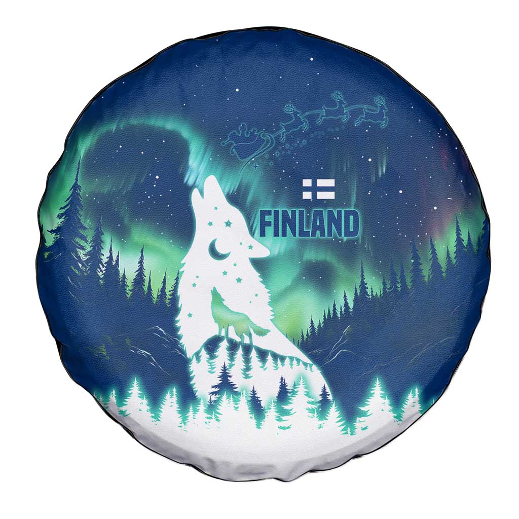 Finland Christmas Spare Tire Cover with Howling Wolf Northern Lights Forest and Snow Design - Wonder Print Shop