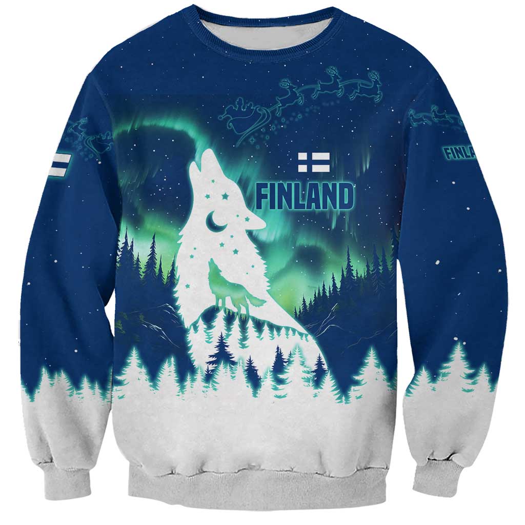 Finland Christmas Sweatshirt with Howling Wolf Northern Lights Forest and Snow Design - Wonder Print Shop