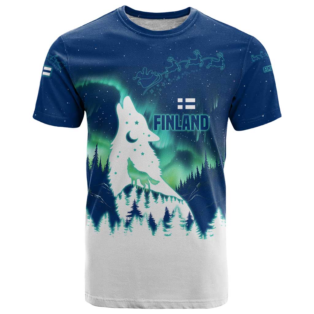 Finland Christmas T Shirt with Howling Wolf Northern Lights Forest and Snow Design - Wonder Print Shop