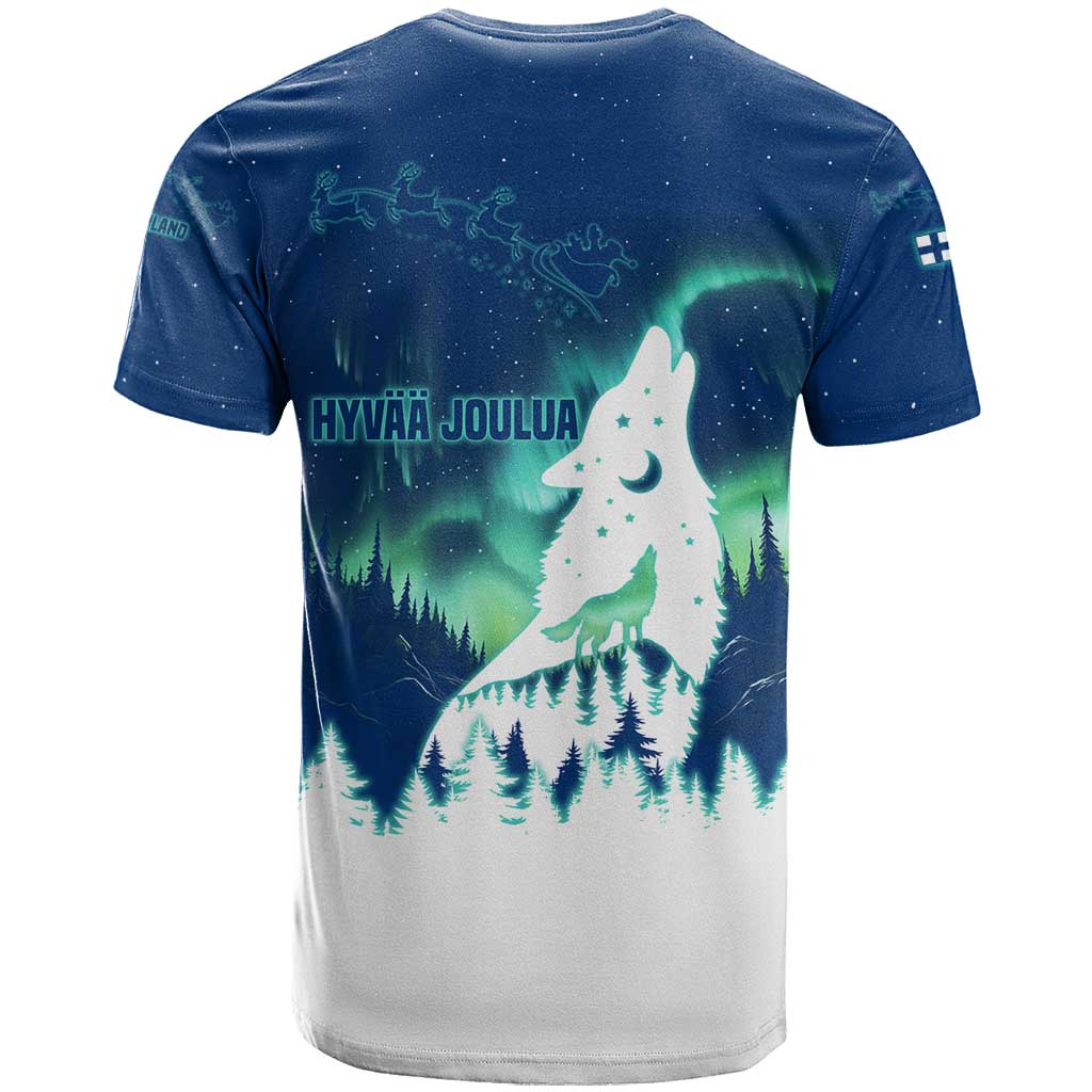 Finland Christmas T Shirt with Howling Wolf Northern Lights Forest and Snow Design - Wonder Print Shop