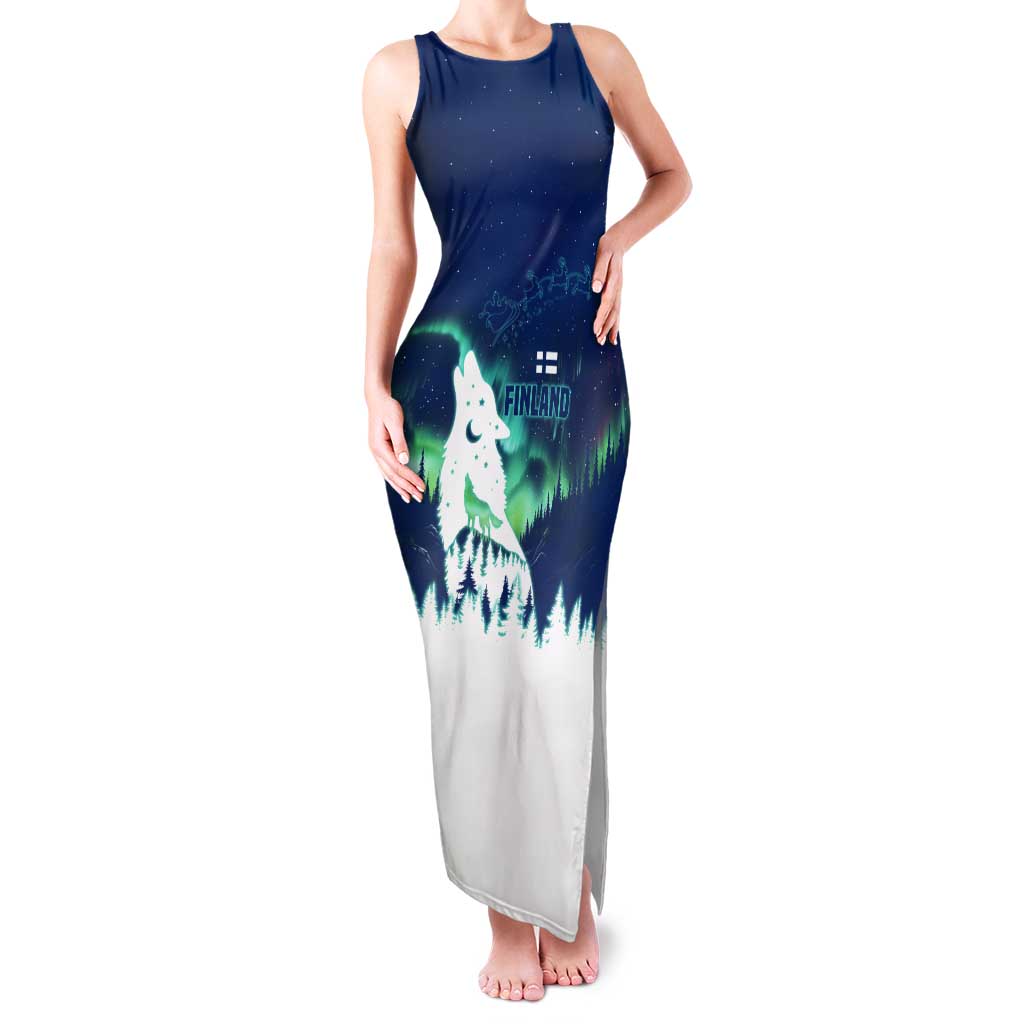 Finland Christmas Tank Maxi Dress with Howling Wolf Northern Lights Forest and Snow Design - Wonder Print Shop