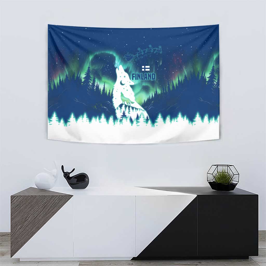 Finland Christmas Tapestry with Howling Wolf Northern Lights Forest and Snow Design - Wonder Print Shop