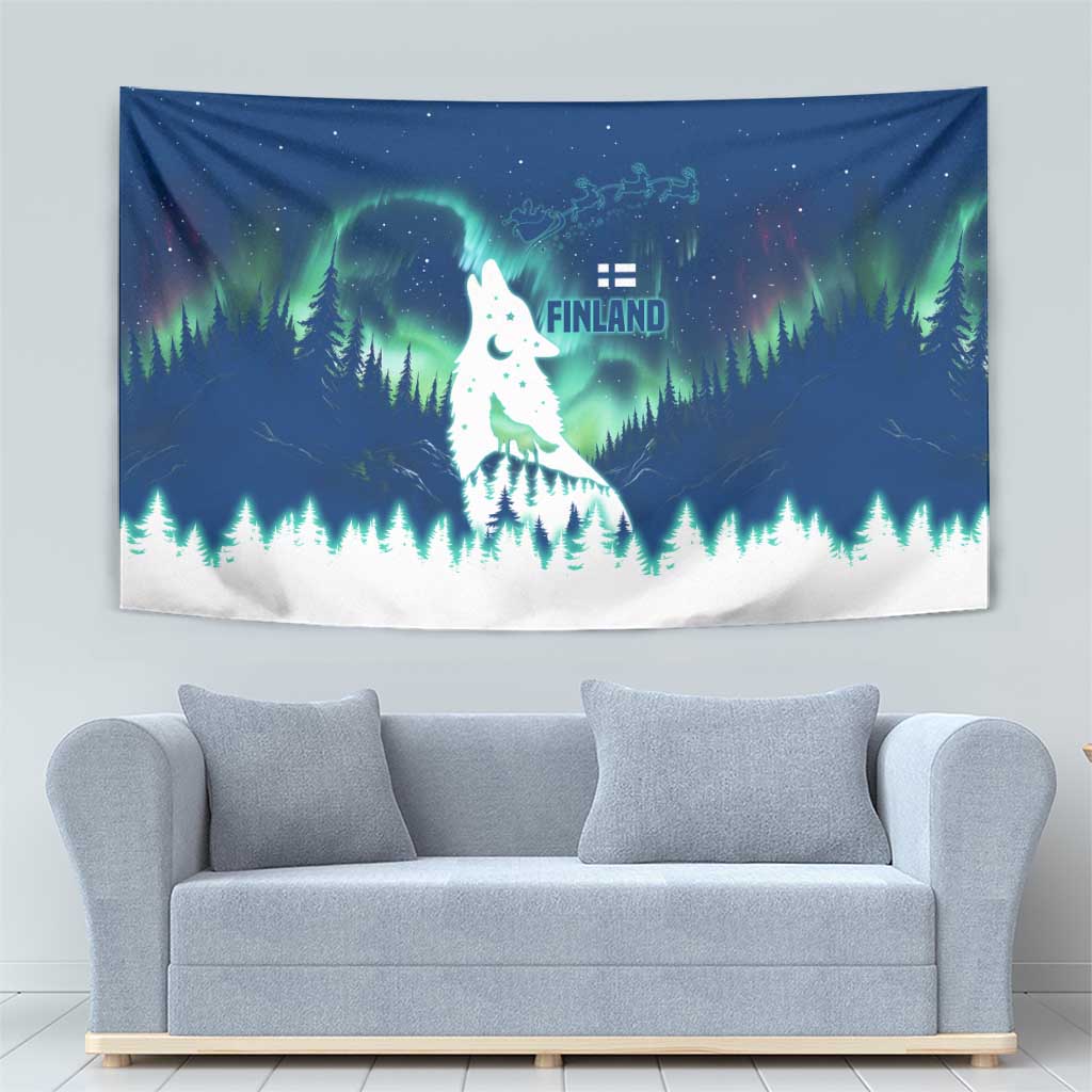 Finland Christmas Tapestry with Howling Wolf Northern Lights Forest and Snow Design - Wonder Print Shop