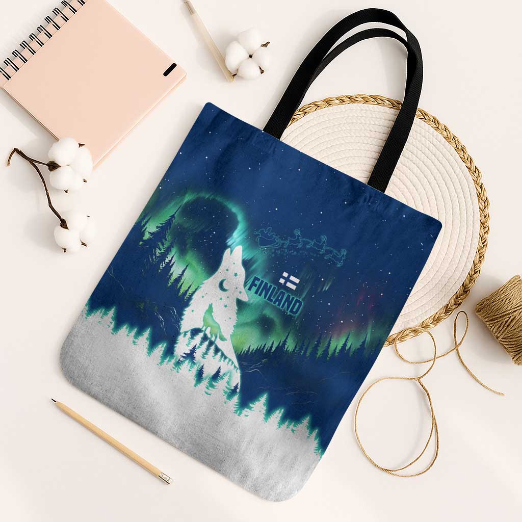 Finland Christmas Tote Bag with Howling Wolf Northern Lights Forest and Snow Design - Wonder Print Shop
