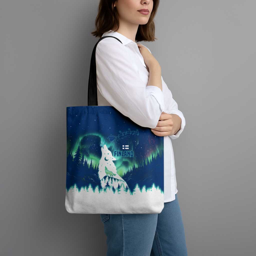 Finland Christmas Tote Bag with Howling Wolf Northern Lights Forest and Snow Design - Wonder Print Shop