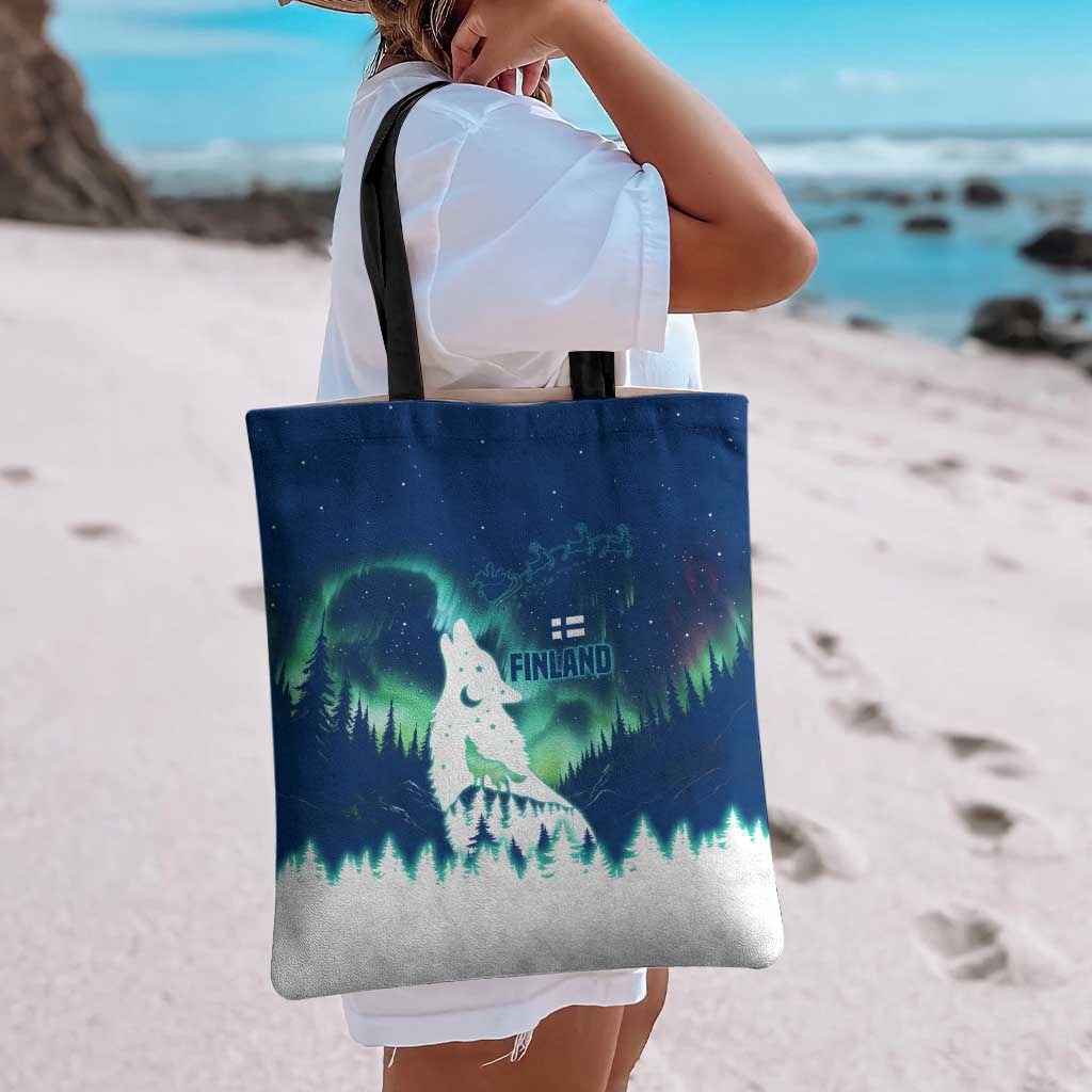 Finland Christmas Tote Bag with Howling Wolf Northern Lights Forest and Snow Design - Wonder Print Shop