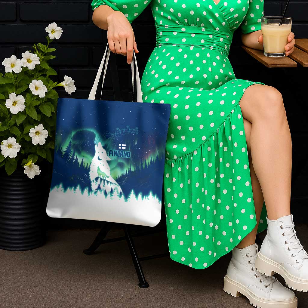 Finland Christmas Tote Bag with Howling Wolf Northern Lights Forest and Snow Design - Wonder Print Shop