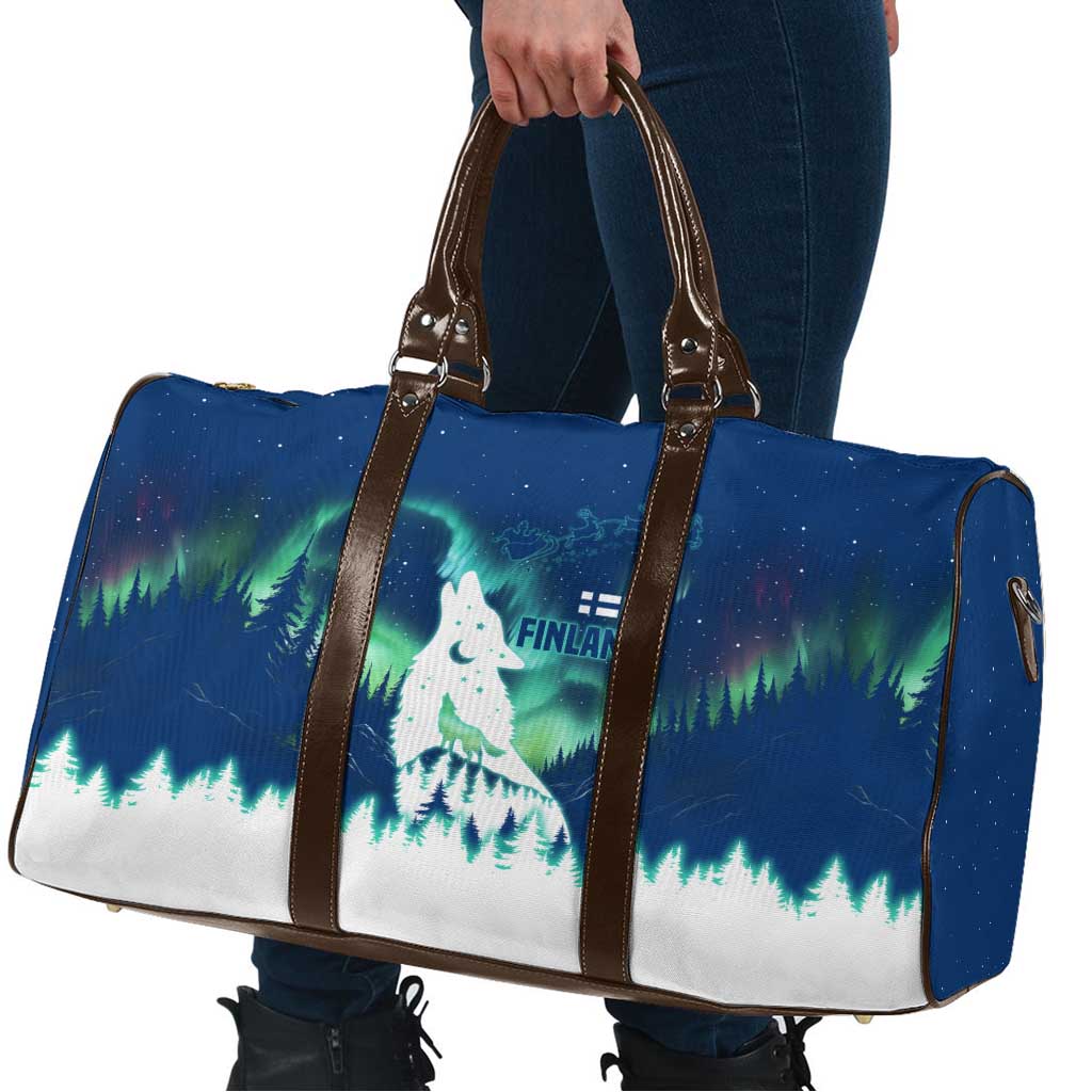 Finland Christmas Travel Bag with Howling Wolf Northern Lights Forest and Snow Design - Wonder Print Shop