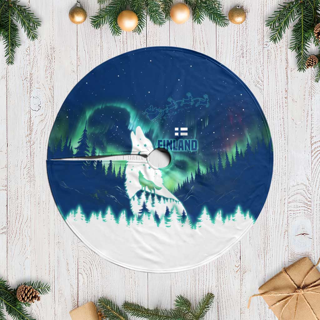 Finland Christmas Tree Skirt with Howling Wolf Northern Lights Forest and Snow Design - Wonder Print Shop