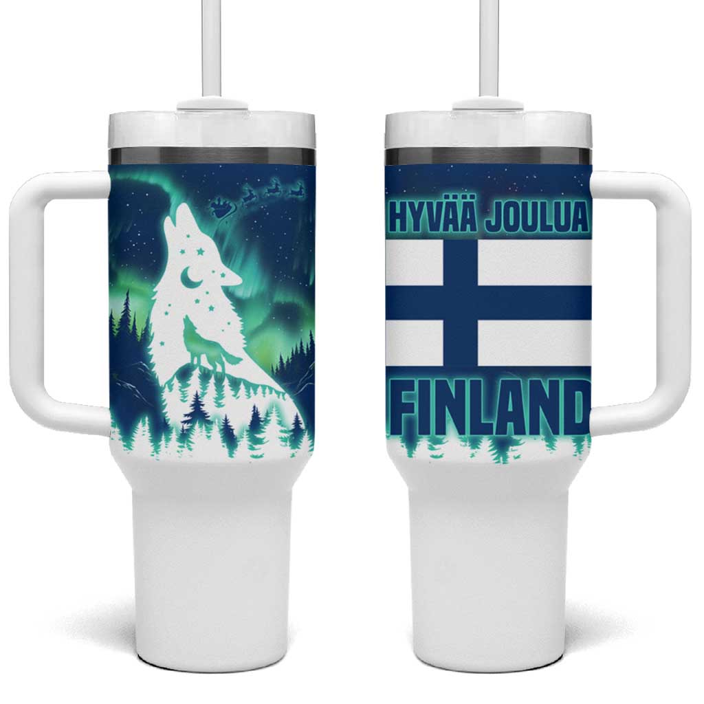 Finland Christmas Tumbler With Handle with Howling Wolf Northern Lights Forest and Snow Design - Wonder Print Shop