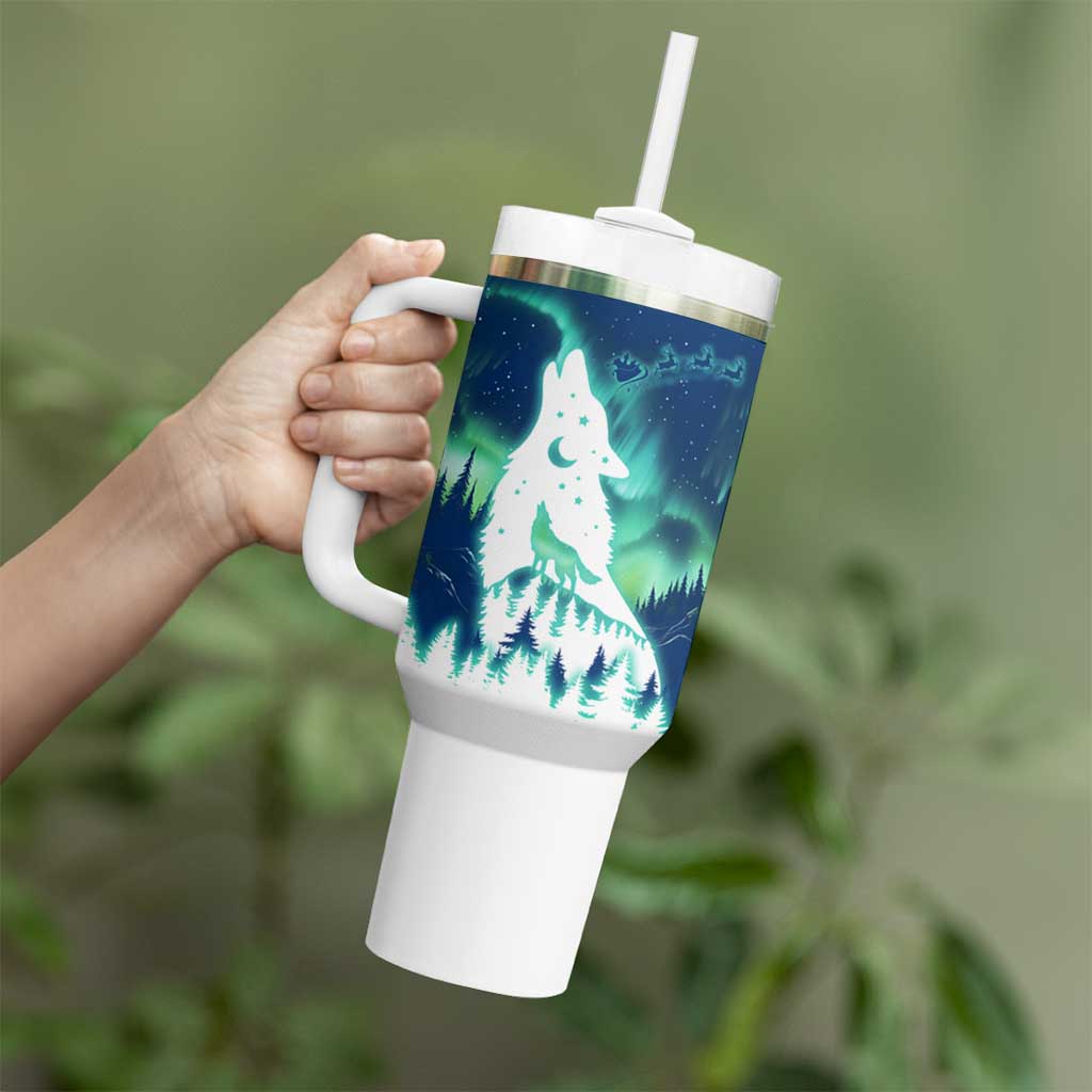 Finland Christmas Tumbler With Handle with Howling Wolf Northern Lights Forest and Snow Design - Wonder Print Shop