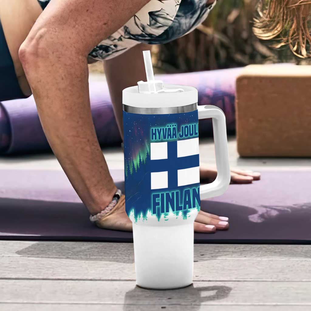 Finland Christmas Tumbler With Handle with Howling Wolf Northern Lights Forest and Snow Design - Wonder Print Shop