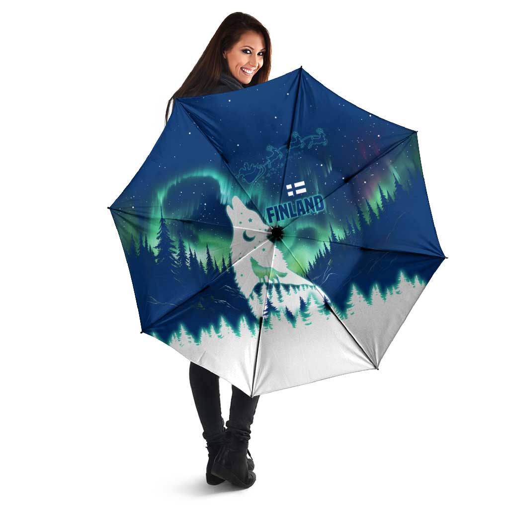 Finland Christmas Umbrella with Howling Wolf Northern Lights Forest and Snow Design - Wonder Print Shop