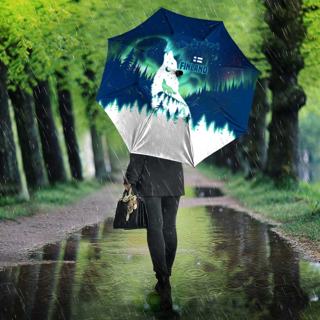 Finland Christmas Umbrella with Howling Wolf Northern Lights Forest and Snow Design - Wonder Print Shop