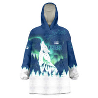 Finland Christmas Wearable Blanket Hoodie with Howling Wolf Northern Lights Forest and Snow Design - Wonder Print Shop