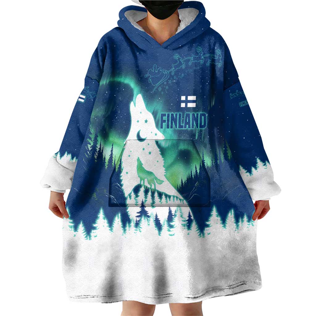 Finland Christmas Wearable Blanket Hoodie with Howling Wolf Northern Lights Forest and Snow Design - Wonder Print Shop