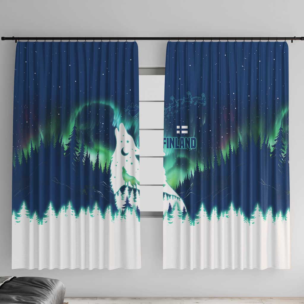 Finland Christmas Window Curtain with Howling Wolf Northern Lights Forest and Snow Design - Wonder Print Shop