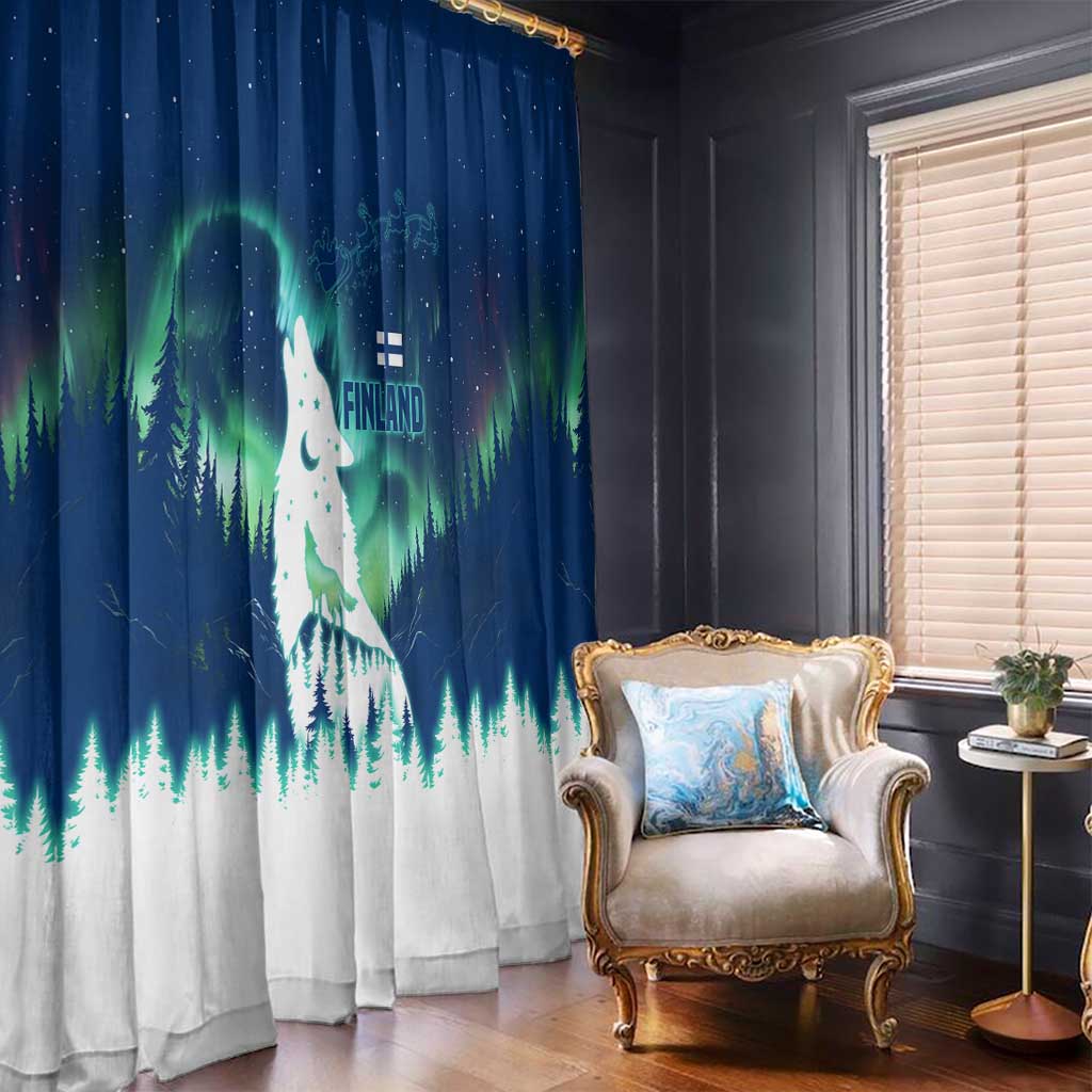 Finland Christmas Window Curtain with Howling Wolf Northern Lights Forest and Snow Design - Wonder Print Shop