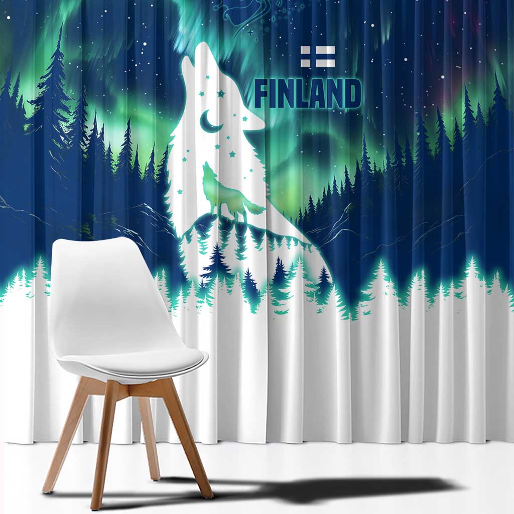 Finland Christmas Window Curtain with Howling Wolf Northern Lights Forest and Snow Design - Wonder Print Shop