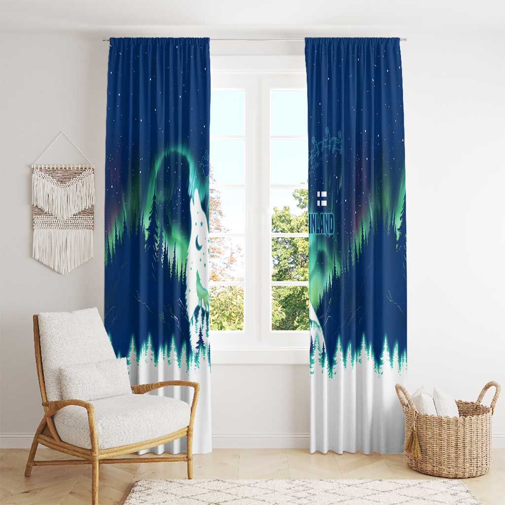 Finland Christmas Window Curtain with Howling Wolf Northern Lights Forest and Snow Design - Wonder Print Shop