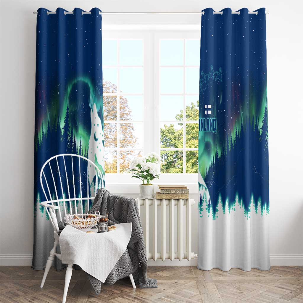 Finland Christmas Window Curtain with Howling Wolf Northern Lights Forest and Snow Design - Wonder Print Shop