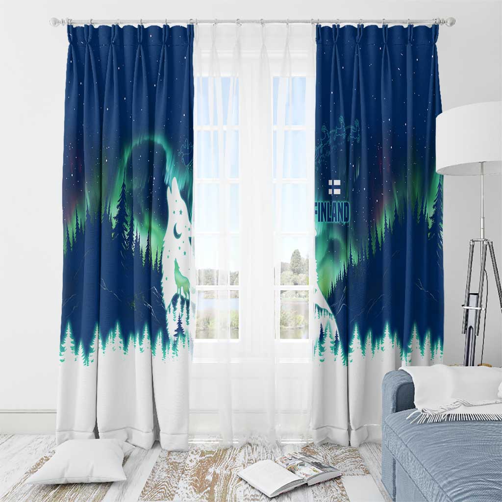 Finland Christmas Window Curtain with Howling Wolf Northern Lights Forest and Snow Design - Wonder Print Shop