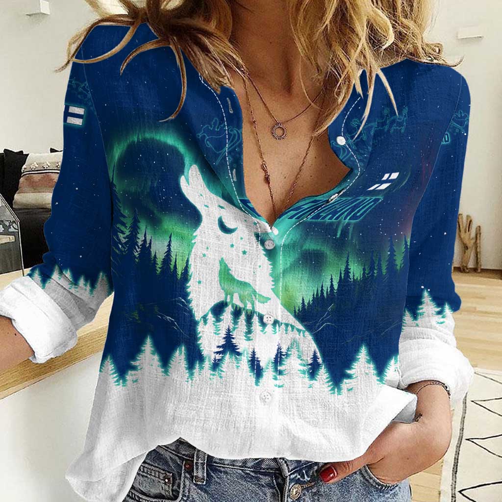 Finland Christmas Women Casual Shirt with Howling Wolf Northern Lights Forest and Snow Design - Wonder Print Shop