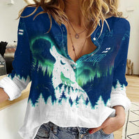 Finland Christmas Women Casual Shirt with Howling Wolf Northern Lights Forest and Snow Design - Wonder Print Shop