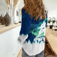 Finland Christmas Women Casual Shirt with Howling Wolf Northern Lights Forest and Snow Design - Wonder Print Shop