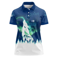 Finland Christmas Women Polo Shirt with Howling Wolf Northern Lights Forest and Snow Design - Wonder Print Shop