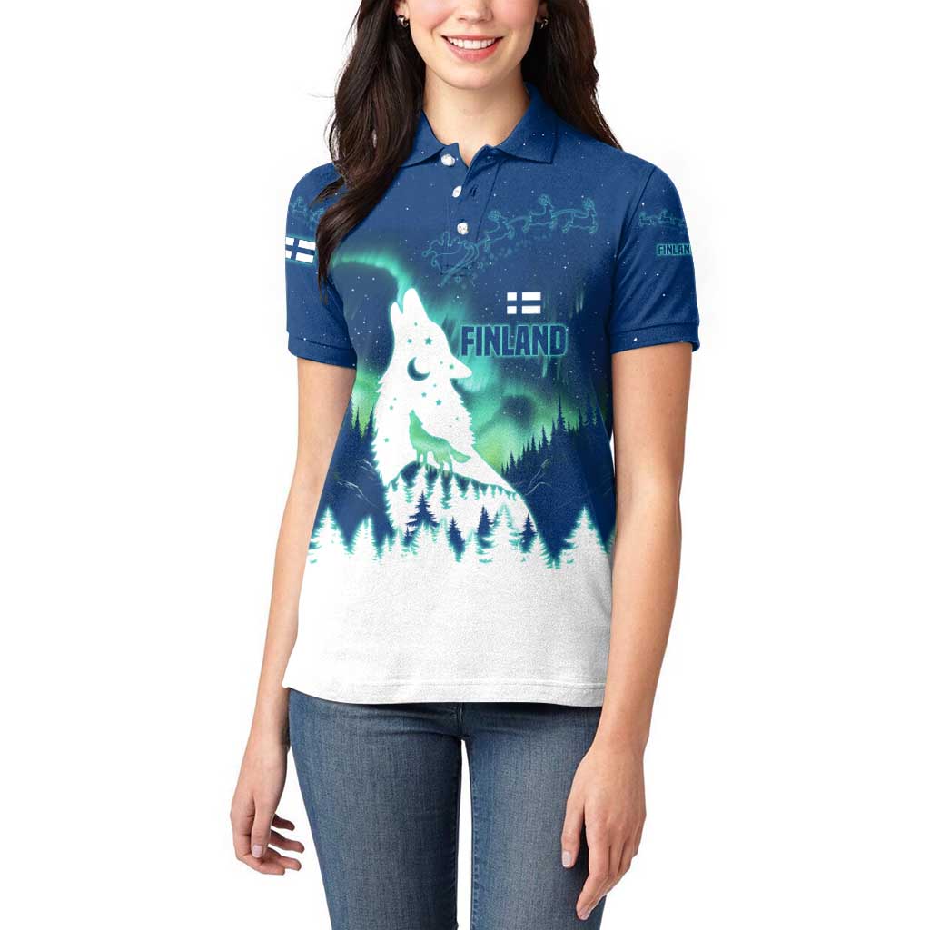 Finland Christmas Women Polo Shirt with Howling Wolf Northern Lights Forest and Snow Design - Wonder Print Shop