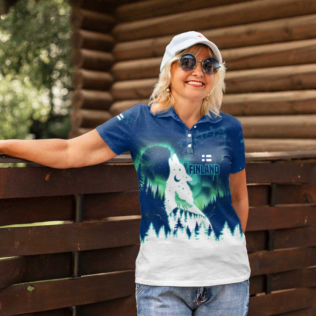 Finland Christmas Women Polo Shirt with Howling Wolf Northern Lights Forest and Snow Design - Wonder Print Shop