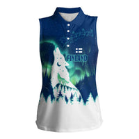 Finland Christmas Women Sleeveless Polo Shirt with Howling Wolf Northern Lights Forest and Snow Design - Wonder Print Shop