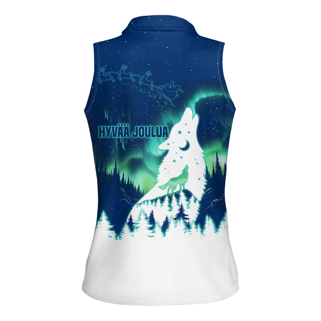 Finland Christmas Women Sleeveless Polo Shirt with Howling Wolf Northern Lights Forest and Snow Design - Wonder Print Shop