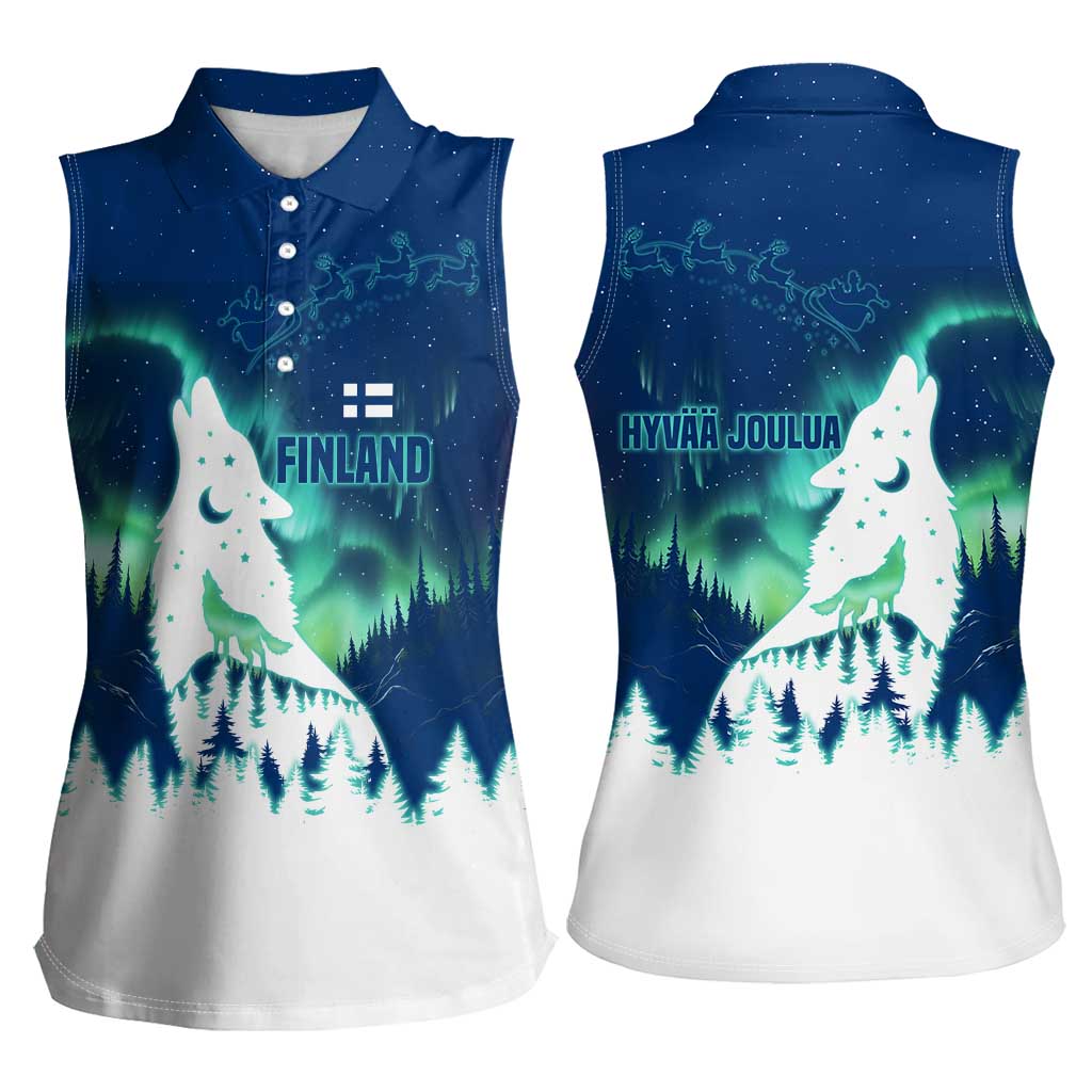Finland Christmas Women Sleeveless Polo Shirt with Howling Wolf Northern Lights Forest and Snow Design - Wonder Print Shop