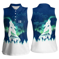 Finland Christmas Women Sleeveless Polo Shirt with Howling Wolf Northern Lights Forest and Snow Design - Wonder Print Shop