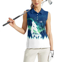 Finland Christmas Women Sleeveless Polo Shirt with Howling Wolf Northern Lights Forest and Snow Design - Wonder Print Shop