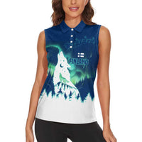 Finland Christmas Women Sleeveless Polo Shirt with Howling Wolf Northern Lights Forest and Snow Design - Wonder Print Shop
