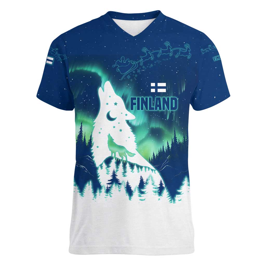 Finland Christmas Women V-Neck T-Shirt with Howling Wolf Northern Lights Forest and Snow Design - Wonder Print Shop