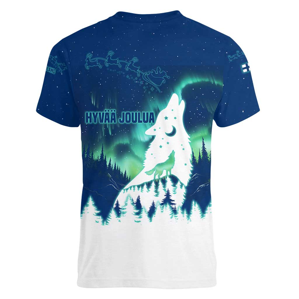 Finland Christmas Women V-Neck T-Shirt with Howling Wolf Northern Lights Forest and Snow Design - Wonder Print Shop