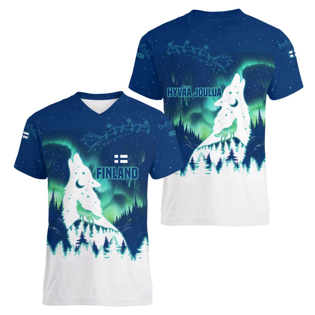 Finland Christmas Women V-Neck T-Shirt with Howling Wolf Northern Lights Forest and Snow Design - Wonder Print Shop