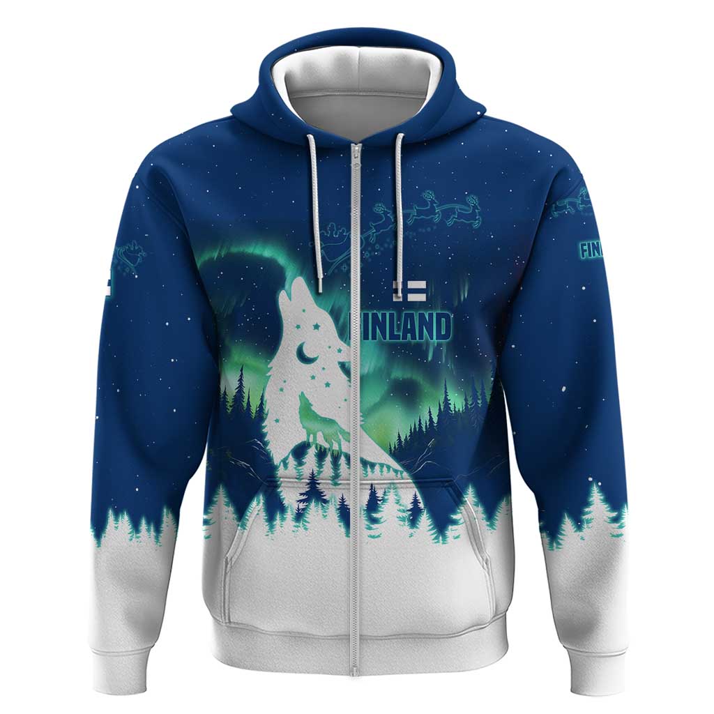 Finland Christmas Zip Hoodie with Howling Wolf Northern Lights Forest and Snow Design - Wonder Print Shop