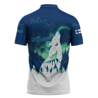 Finland Christmas Zipper Polo Shirt with Howling Wolf Northern Lights Forest and Snow Design - Wonder Print Shop