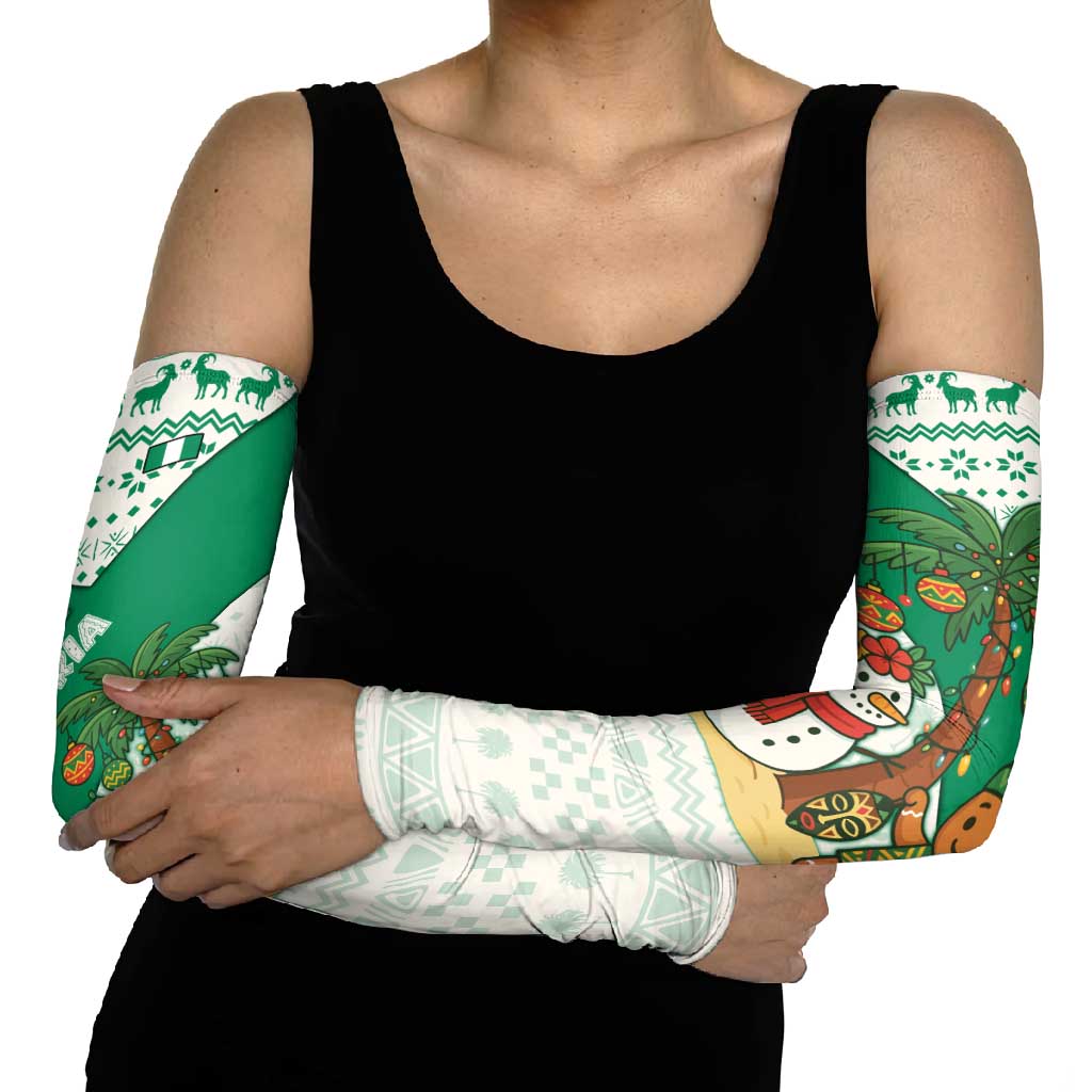 Nigeria Christmas Arm Sleeves with Gingerbread Snowman Palm Tree and Tribal Mask Design - Wonder Print Shop