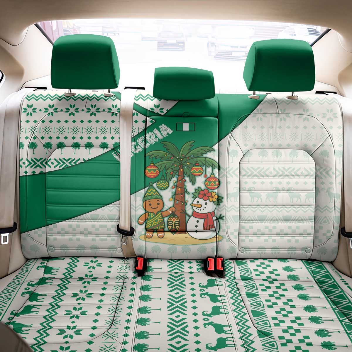 Nigeria Christmas Back Car Seat Cover with Gingerbread Snowman Palm Tree and Tribal Mask Design - Wonder Print Shop