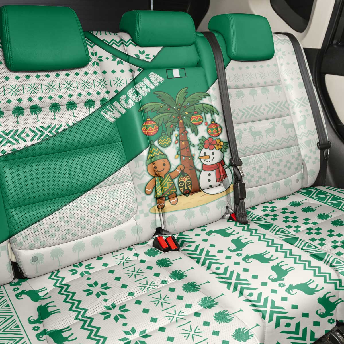 Nigeria Christmas Back Car Seat Cover with Gingerbread Snowman Palm Tree and Tribal Mask Design - Wonder Print Shop