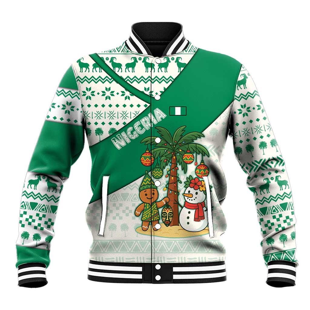 Nigeria Christmas Baseball Jacket with Gingerbread Snowman Palm Tree and Tribal Mask Design - Wonder Print Shop