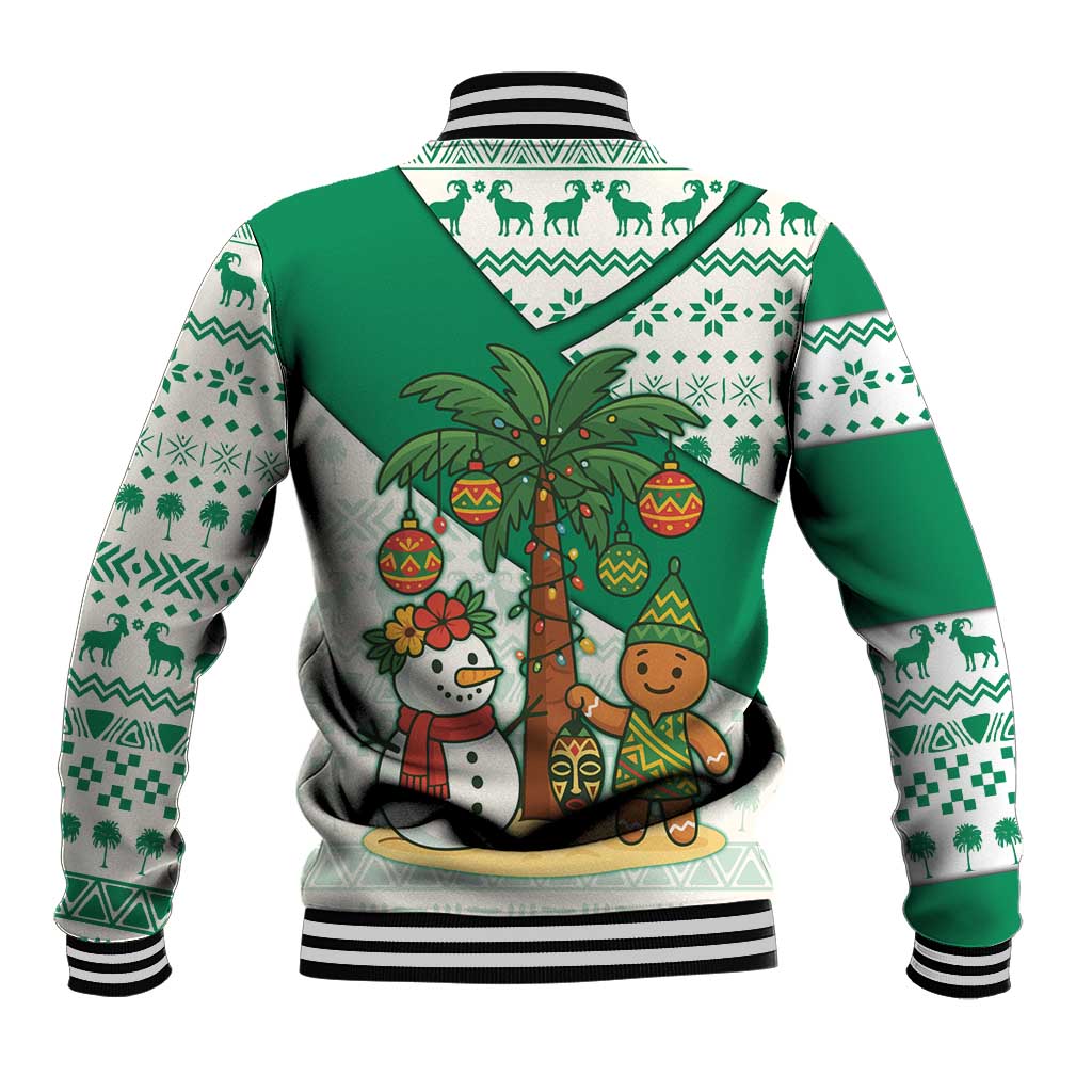 Nigeria Christmas Baseball Jacket with Gingerbread Snowman Palm Tree and Tribal Mask Design - Wonder Print Shop