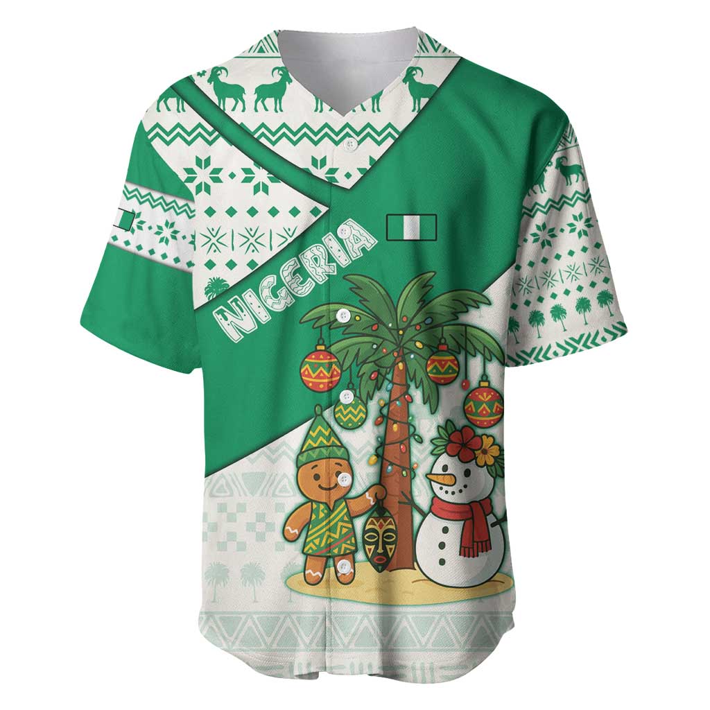 Nigeria Christmas Baseball Jersey with Gingerbread Snowman Palm Tree and Tribal Mask Design - Wonder Print Shop