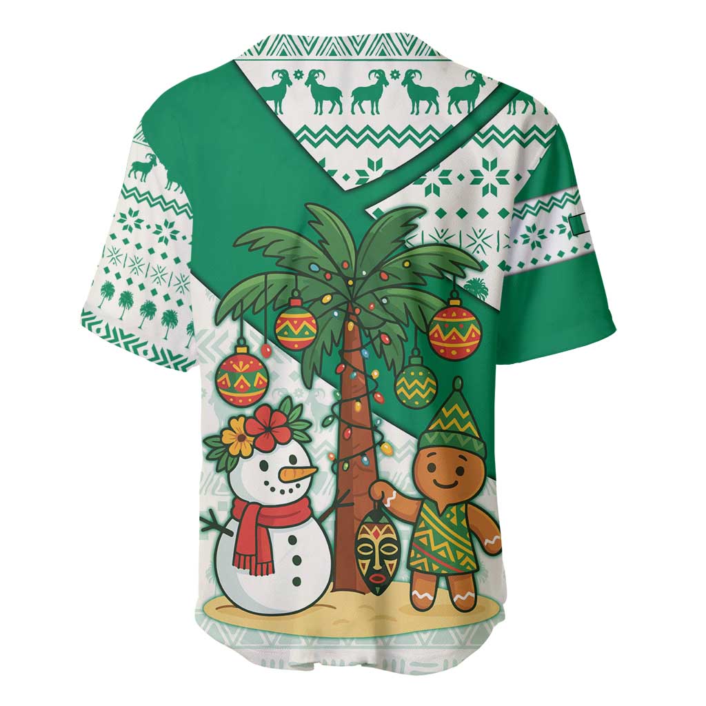 Nigeria Christmas Baseball Jersey with Gingerbread Snowman Palm Tree and Tribal Mask Design - Wonder Print Shop